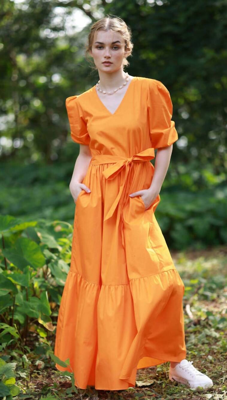 NEW MAUDE VIVANTE melina v neck tiered dress in tangerine
